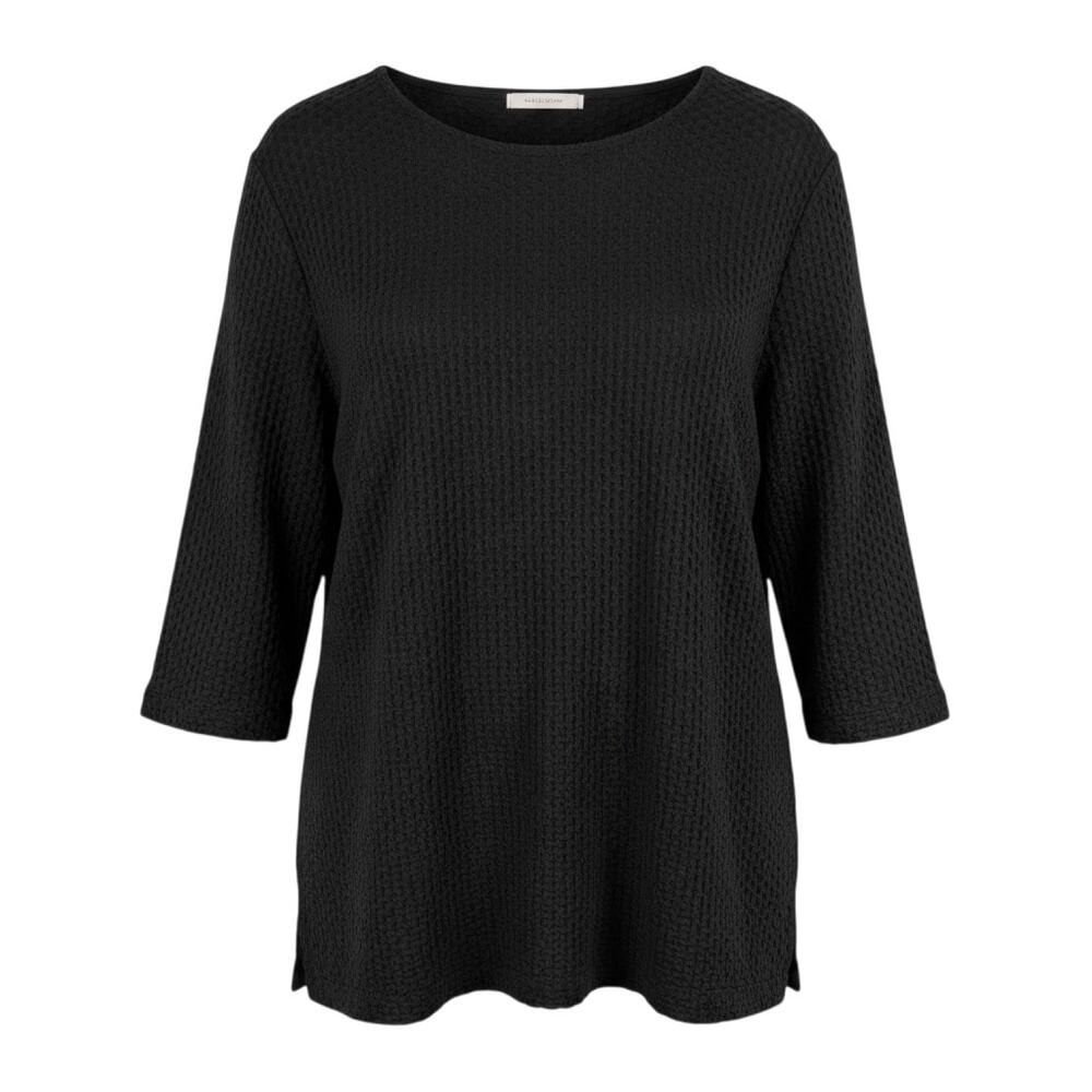 Eileen Fisher black textured knit shift dress with round neckline, 3-4 sleeves,